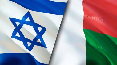 İsrail ve Madagaskar bayrakları. 3 boyutlu dalgalanan bayrak tasarımı. İsrail Madagaskar bayrağı, resim, duvar kağıdı. İsrail, Madagaskar 'a karşı, görüntü 3 boyutlu. İsrail Madagaskar ilişkileri ittifak ve ticaret, seyahat, turnuva