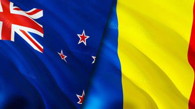 Yeni Zelanda ve Romanya bayrakları. 3 boyutlu dalgalanan bayrak tasarımı. Yeni Zelanda Romanya bayrağı, resim, duvar kağıdı. Yeni Zelanda, Romanya 'ya karşı imaj, 3D görüntüleme. Yeni Zelanda Romanya ilişkileri savaş ittifakı