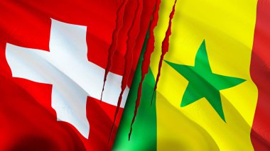 Yara izi olan İsviçre ve Senegal bayrakları. Dalgalanan bayrak, 3 boyutlu görüntüleme. İsviçre ve Senegal çatışma konsepti. İsviçre Senegal ilişkileri kavramı. İsviçre ve Senega bayrağı