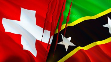 İsviçre, Saint Kitts ve yara izi olan Nevis bayrakları. Dalgalanan bayrak, 3 boyutlu görüntüleme. İsviçre ve Saint Kitts ve Nevis çatışma konsepti. İsviçre Saint Kitts ve Nevis ilişkileri kavramı