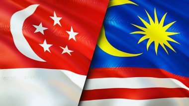 Singapur ve Malezya bayrakları. 3 boyutlu dalgalanan bayrak tasarımı. Singapur Malezya bayrağı, resim, duvar kağıdı. Singapur, Malezya 'ya karşı, görüntü 3 boyutlu. Singapur Malezya ilişkileri ittifakı