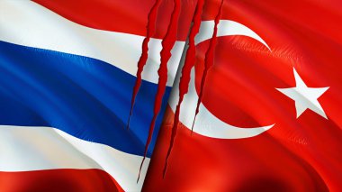 Yara izi olan Tayland ve Hindi bayrakları. Dalgalanan bayrak, 3 boyutlu görüntüleme. Tayland ve Türkiye çatışması konsepti. Tayland ve Türkiye ilişkileri kavramı. Tayland bayrağı ve Türkiye krizi, savaş, saldırı konsepti