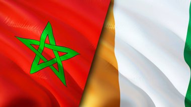 Fas ve Fildişi Sahili bayrakları. 3 boyutlu dalgalanan bayrak tasarımı. Morocco Cote d 'Ivoire bayrağı, resim, duvar kağıdı. Fas, Cote d 'Ivoire' a karşı. Görüntü 3 boyutlu. Fas Fildişi Cote d 'Ivoire İttifakı