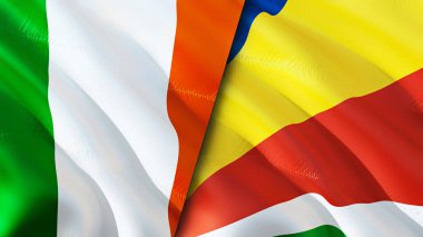 İrlanda ve Seyşeller bayrakları. 3 boyutlu dalgalanan bayrak tasarımı. İrlanda Seyşeller bayrağı, resim, duvar kağıdı. İrlanda, Seyşeller 'in 3D görüntüsüne karşı. İrlanda Seyşeller ilişkileri savaş ittifakı kavramı. Ticaret.