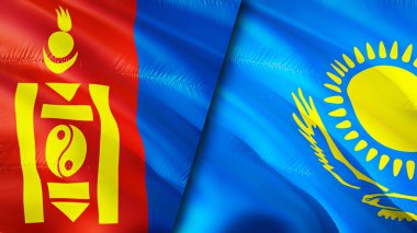 Moğolistan ve Kazakistan bayrakları. 3 boyutlu dalgalanan bayrak tasarımı. Moğolistan Kazakistan bayrağı, resim, duvar kağıdı. Moğolistan Kazakistan 'a karşı, görüntü 3 boyutlu. Moğolistan Kazakistan ittifakı