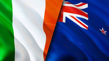 İrlanda ve Yeni Zelanda bayrakları. 3 boyutlu dalgalanan bayrak tasarımı. İrlanda Yeni Zelanda bayrağı, resim, duvar kağıdı. İrlanda, Yeni Zelanda 'ya karşı, görüntü 3 boyutlu. İrlanda Yeni Zelanda ilişkileri savaş ittifakı