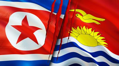 Kuzey Kore ve Kiribati bayraklarında yara izi var. Dalgalanan bayrak, 3 boyutlu görüntüleme. Kuzey Kore ve Kiribati çatışma konsepti. Kuzey Kore Kiribati ilişkileri kavramı. Kuzey Kore ve Kiribat bayrağı