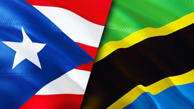 Porto Riko ve Tanzanya bayrakları. 3 boyutlu dalgalanan bayrak tasarımı. Porto Riko Tanzanya bayrağı, resim, duvar kağıdı. Porto Riko, Tanzanya 'ya karşı, görüntü 3 boyutlu. Porto Riko Tanzanya ilişkileri