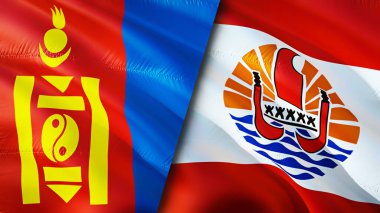 Moğolistan ve Fransız Polinezyası bayrakları. 3 boyutlu dalgalanan bayrak tasarımı. Moğolistan Fransız Polinezyası bayrağı, resim, duvar kağıdı. Moğolistan, Fransız Polinezyası 'na karşı 3 boyutlu canlandırma. Moğolistan Fransız Polinezyası ilişkisi