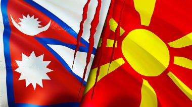 Yara izi kavramına sahip Nepal ve Kuzey Makedonya bayrakları. Dalgalanan bayrak, 3 boyutlu görüntüleme. Nepal ve Kuzey Makedonya ihtilaf kavramı. Nepal Kuzey Makedonya ilişkileri kavramı. Nepal ve Kuzey Makedonların bayrağı