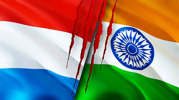 Luxemburg India Vlaggen Met Litteken Concept Wuivende Vlag Weergave Concept — Stockfoto