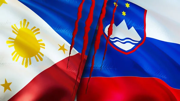 Philippines and Slovenia flags with scar concept. Waving flag,3D rendering. Philippines and Slovenia conflict concept. Philippines Slovenia relations concept. flag of Philippines and Sloveni
