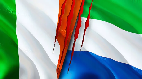 Флаги Ирландии Сьерра Леоне Шрамом Трехмерный Рендеринг Флага Конфликт Ирландии — стоковое фото