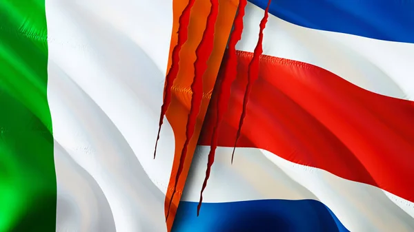 Flagi Irlandii Kostaryki Blizną Koncepcji Macha Flagą Renderowania Koncepcja Konfliktu — Zdjęcie stockowe