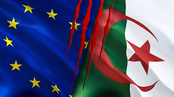 European Union and Algeria flags with scar concept. Waving flag,3D rendering. European Union and Algeria conflict concept. European Union Algeria relations concept. flag of European Union an