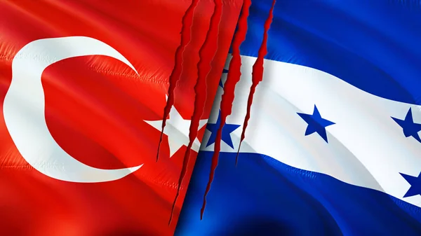 Turkey and Honduras flags with scar concept. Waving flag,3D rendering. Turkey and Honduras conflict concept. Turkey Honduras relations concept. flag of Turkey and Honduras crisis,war, attack concep