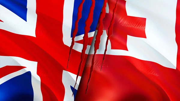 Birleşik Krallık Tonga Bayrakları Yara Izi Konsepti Dalgalanan Bayrak Boyutlu — Stok fotoğraf