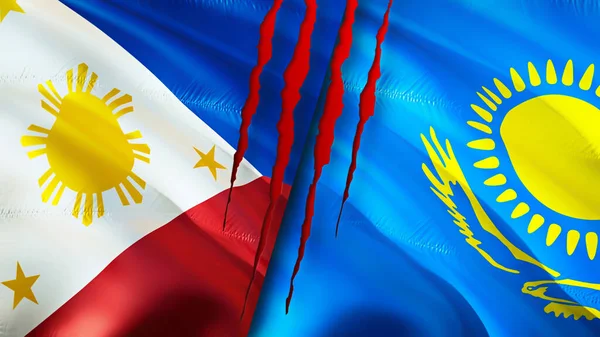Philippines and Kazakhstan flags with scar concept. Waving flag,3D rendering. Philippines and Kazakhstan conflict concept. Philippines Kazakhstan relations concept. flag of Philippines an