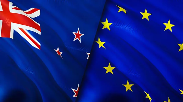 New Zealand and European Union flags. 3D Waving flag design. New Zealand European Union flag, picture, wallpaper. New Zealand vs European Union image,3D rendering. New Zealand European Unio