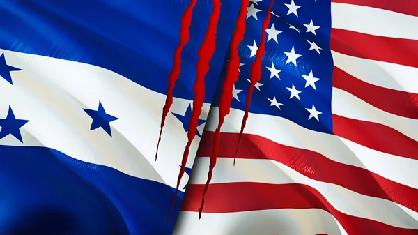 Banderas Honduras Estados Unidos Con Concepto Cicatriz Ondeando Bandera Renderizado — Foto de Stock