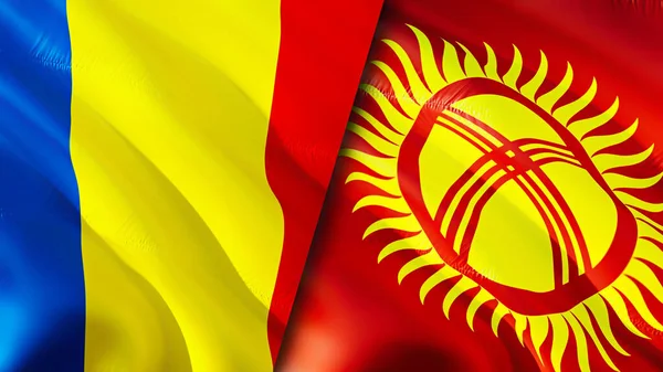 Romanya ve Kırgızistan bayrakları. 3 boyutlu dalgalanan bayrak tasarımı. Romanya Kırgızistan bayrağı, resim, duvar kağıdı. Romanya Kırgızistan 'a karşı, görüntü 3D. Romanya Kırgızistan ilişkileri bir ittifak