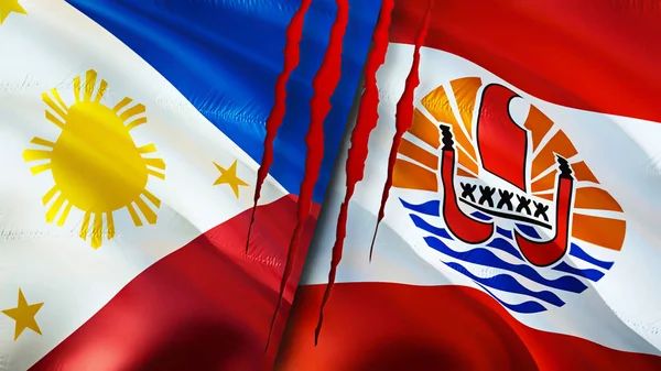 Yara Izi Olan Filipinler Fransız Polinezyası Bayrakları Dalgalanan Bayrak Boyutlu — Stok fotoğraf