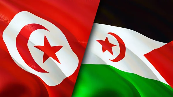 Tunisia and Western Sahara flags. 3D Waving flag design. Tunisia Western Sahara flag, picture, wallpaper. Tunisia vs Western Sahara image,3D rendering. Tunisia Western Sahara relations alliance an