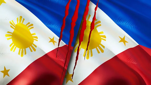 Philippines and Philippines flags with scar concept. Waving flag,3D rendering. Philippines and Philippines conflict concept. Philippines Philippines relations concept. flag of Philippines an