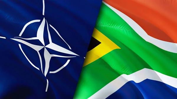 NATO and South Africa flags. 3D Waving flag design. South Africa NATO flag, picture, wallpaper. NATO vs South Africa image,3D rendering. NATO South Africa relations alliance and Trade,travel,touris
