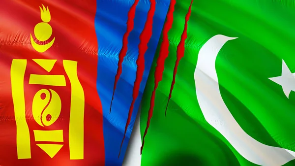 Mongolia and Pakistan flags with scar concept. Waving flag,3D rendering. Mongolia and Pakistan conflict concept. Mongolia Pakistan relations concept. flag of Mongolia and Pakistan crisis,war, attac