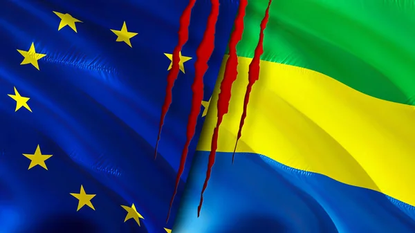 European Union and Gabon flags with scar concept. Waving flag,3D rendering. European Union and Gabon conflict concept. European Union Gabon relations concept. flag of European Union and Gabo