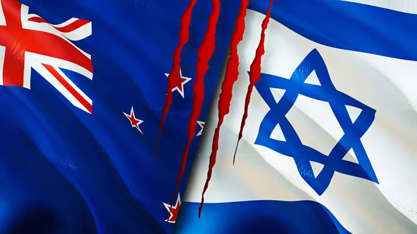 New Zealand and Israel flags with scar concept. Waving flag 3D rendering. New Zealand and Israel conflict concept. New Zealand Israel relations concept. flag of New Zealand and Israel crisis,war