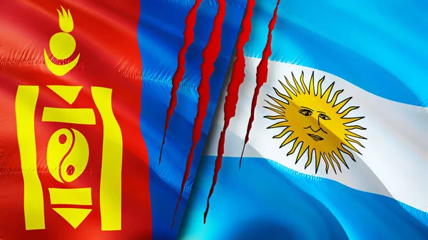 Yara Izi Olan Moğolistan Arjantin Bayrakları Dalgalanan Bayrak Boyutlu Görüntüleme — Stok fotoğraf