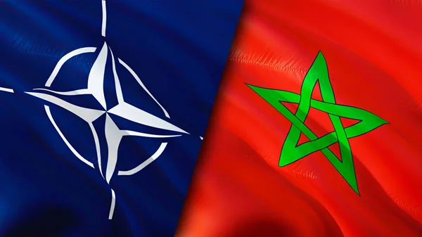 NATO and Morocco flags. 3D Waving flag design. Morocco NATO flag, picture, wallpaper. NATO vs Morocco image,3D rendering. NATO Morocco relations alliance and Trade,travel,tourism concep