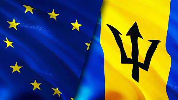 Σημαίες Της Ευρωπαϊκής Ένωσης Και Των Μπαρμπάντος Σχεδιασμός Τρισδιάστατης Κυματιστή — Φωτογραφία Αρχείου