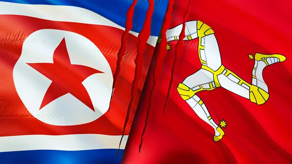 North Korea and Isle of Man flags with scar concept. Waving flag,3D rendering. North Korea and Isle of Man conflict concept. North Korea Isle of Man relations concept. flag of North Korea and Isl