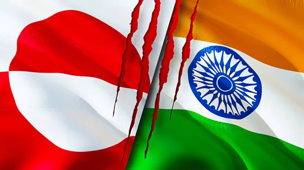 格陵兰和印度的国旗上有疤痕的概念 飘扬的旗帜 3D渲染 格陵兰和印度冲突概念 格陵兰 印度关系概念 格陵兰和印度国旗危机 — 图库照片