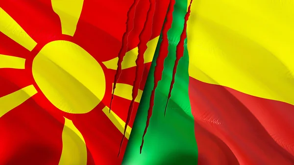 North Macedonia Benin Flags Scar Concept Waving Flag Rendering North — Stock Photo, Image