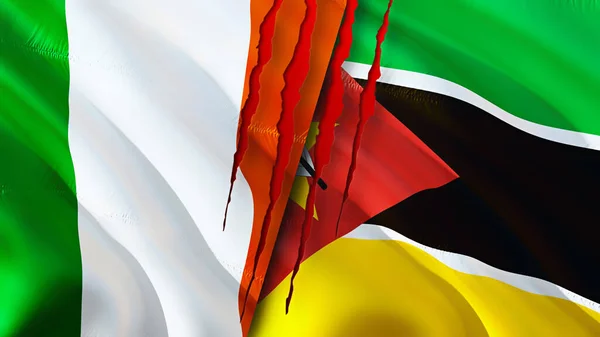 爱尔兰和莫桑比克的国旗上有伤疤的概念 波浪旗3D渲染 爱尔兰和莫桑比克冲突概念 爱尔兰莫桑比克关系概念 爱尔兰和莫桑比克国旗危机 — 图库照片