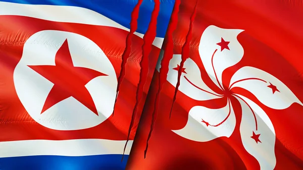 North Korea and Hong Kong flags with scar concept. Waving flag,3D rendering. North Korea and Hong Kong conflict concept. North Korea Hong Kong relations concept. flag of North Korea and Hong Kon