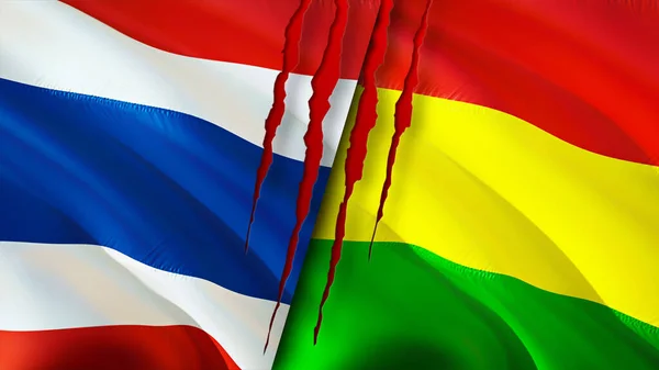 Thailand and Bolivia flags with scar concept. Waving flag,3D rendering. Thailand and Bolivia conflict concept. Thailand Bolivia relations concept. flag of Thailand and Bolivia crisis,war, attac