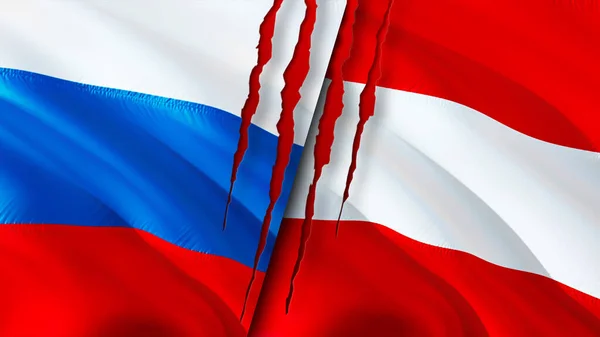 Russia and Austria flags with scar concept. Waving flag,3D rendering. Russia and Austria conflict concept. Russia Austria relations concept. flag of Russia and Austria crisis,war, attack concep