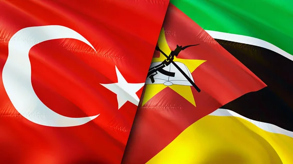 Turkey and Mozambique flags. 3D Waving flag design. Turkey Mozambique flag, picture, wallpaper. Turkey vs Mozambique image,3D rendering. Turkey Mozambique relations alliance and Trade,travel,touris