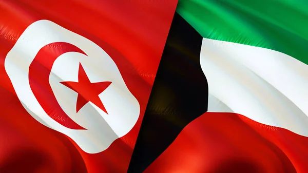 Tunisia and Kuwait flags. 3D Waving flag design. Tunisia Kuwait flag, picture, wallpaper. Tunisia vs Kuwait image,3D rendering. Tunisia Kuwait relations alliance and Trade,travel,tourism concep