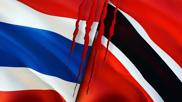 Thailand and Trinidad and Tobago flags with scar concept. Waving flag,3D rendering. Thailand and Trinidad and Tobago conflict concept. Thailand Trinidad and Tobago relations concept. flag o