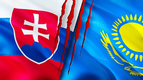 Slovakia and Kazakhstan flags with scar concept. Waving flag,3D rendering. Slovakia and Kazakhstan conflict concept. Slovakia Kazakhstan relations concept. flag of Slovakia and Kazakhsta