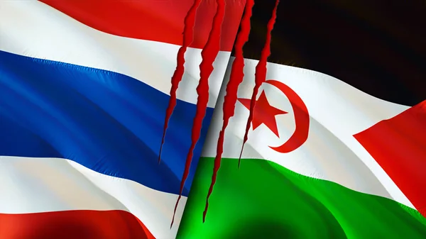 Thailand and Western Sahara flags with scar concept. Waving flag,3D rendering. Thailand and Western Sahara conflict concept. Thailand Western Sahara relations concept. flag of Thailand and Wester