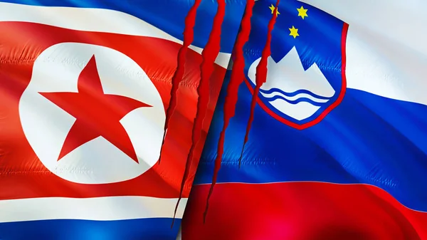 North Korea and Slovenia flags with scar concept. Waving flag,3D rendering. North Korea and Slovenia conflict concept. North Korea Slovenia relations concept. flag of North Korea and Sloveni