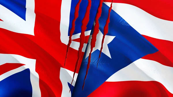 Birleşik Krallık Porto Riko Bayraklarında Yara Izi Var Dalgalanan Bayrak — Stok fotoğraf