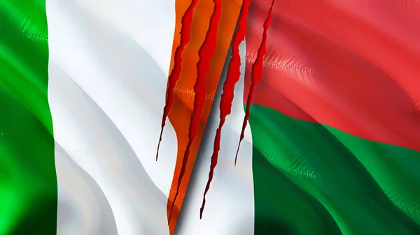 Irland Und Madagaskar Flaggen Mit Narbenkonzept Fahnenschwenken Rendering Irland Und — Stockfoto